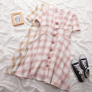 Buttoned Short-sleeve Plaid A-line Dress