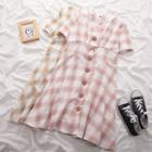 Buttoned Short-sleeve Plaid A-line Dress