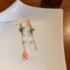 Flower Faux Pearl Asymmetrical Alloy Dangle Earring Earrings - 1 Pair - Pink & Green & Gold - One Size