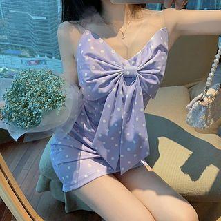 Spaghetti Strap Dotted Bow-front Mini Sheath Dress