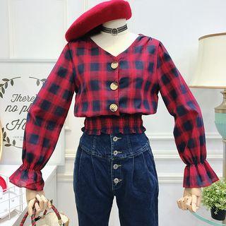 V-neck Plaid Crop Shirt