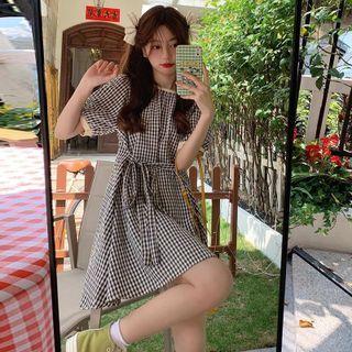 Puff-sleeve Plaid Tie-strap Dress