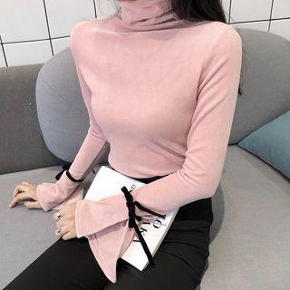 Plain Bow-accent Bell-sleeve Velvet Slim-fit Turtle-neck Top