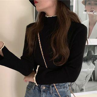 Frilled Trim Mock Neck Knit Top
