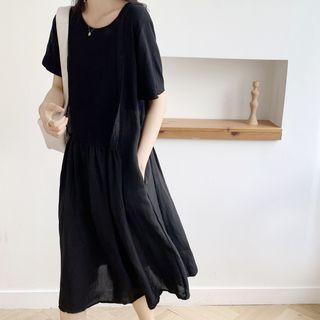 Short-sleeve Linen Midi A-line Dress Black - One Size