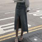 Asymmetric Frayed Hem Slit A-line Midi Denim Skirt