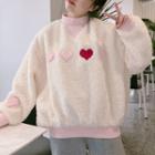 Heart Embroidered Fleece Pullover Off-white - One Size