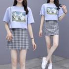 Set: Short-sleeve Graphic Print T-shirt + Plaid Mini Skirt