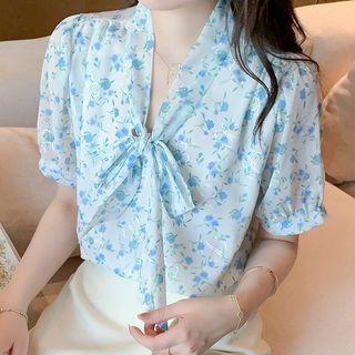 Short-sleeve Ribbon Tie-neck Floral Blouse