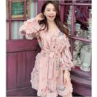 Flower Print Ruffle Long-sleeve A-line Dress Pink - One Size