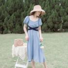 Puff-sleeve Cross Strap A-line Midi Dress