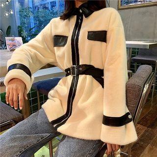 Color-block Zip Panel Faux Leather Long-sleeve Coat As Shown In Figure - One Size