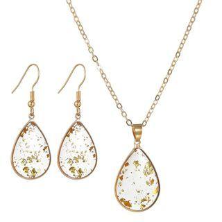 Set: Gold Leaf Drop Earring + Pendant Necklace Gold - One Size