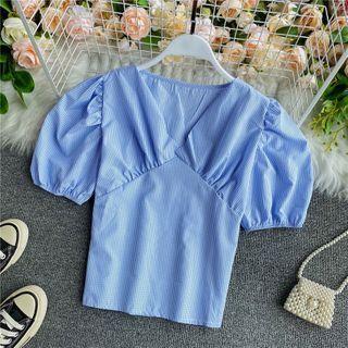Plain V-neck Pinstripe Short-sleeve Blouse
