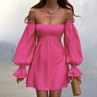 Puff-sleeve Off-shoulder Cut-out Mini Dress