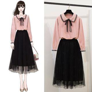 Long-sleeve Lace Trim Knit Top / Mesh A-line Midi Skirt / Set