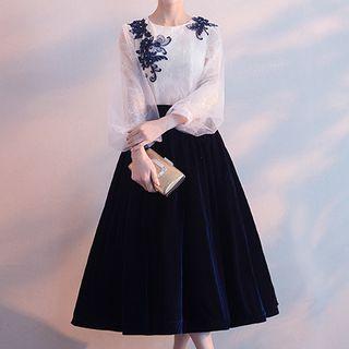 Embroidered Lace Panel Long-sleeve Midi Cocktail Dress