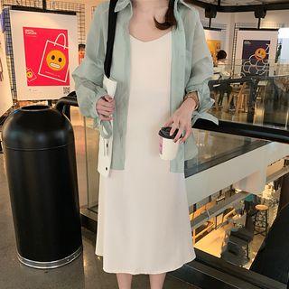 Bow Accent Shirt / Plain Midi Spaghetti Strap Dress