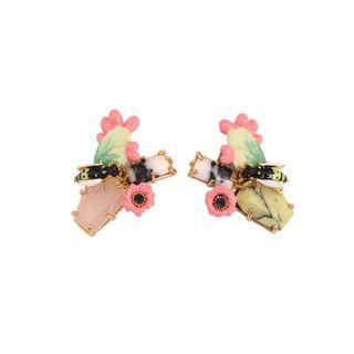 Fashion And Elegant Plated Gold Enamel Cactus Flower Cubic Zirconia Stud Earrings Golden - One Size