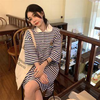 Elbow-sleeve Striped Mini Polo Dress Black & White - One Size