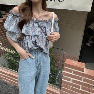 Off-shoulder Ruffle Trim Floral Printed Top