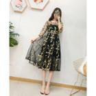 3/4-sleeve Embroidered A-line Midi Lace Dress