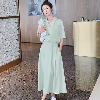 Set: Short Sleeve Three Button Cropped Blazer + Plain Midi A-line Skirt