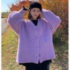 Long-sleeve Plain Knit Cardigan Violet - One Size