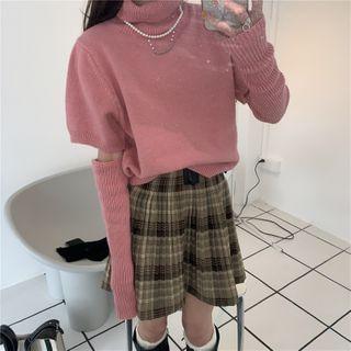 Short-sleeve High-neck Knit Top + Arm Warmers