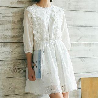 3/4-sleeve Embroidered Perforated A-line Mini Dress White - One Size