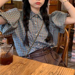 Puff-sleeve Plaid Shirt Blue & Coffee - One Size