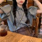 Puff-sleeve Plaid Shirt Blue & Coffee - One Size