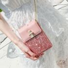 Sequined Panel Faux Leather Chained Crossbody Pouch