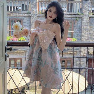 Spaghetti Strap Floral Print Bow A-line Dress