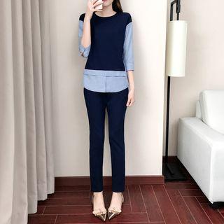 Set: Striped 3/4-sleeve Mock Two-piece Top + Pants