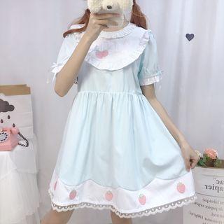 Short-sleeve Strawberry Embroidered Mini A-line Dress