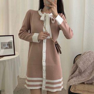 Contrast-trim Bow-neck Knit Dress