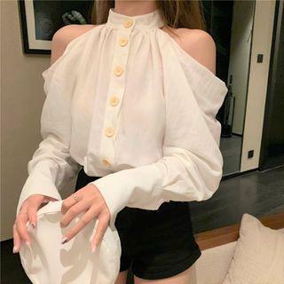 Long-sleeve Cold Shoulder Buttoned Mock-neck Blouse White - One Size