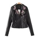 Flower Embroidered Faux Leather Rider Jacket