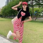 Spaghetti-strap Striped Slit Midi Sheath Dress / Short-sleeve Cut-out T-shirt