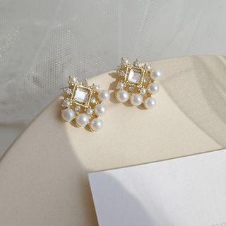 Rhinestone & Faux Pearl Stud Earring 1 Pair - S925 Silver - Gold - One Size
