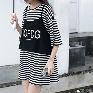 Set: Elbow-sleeve Striped T-shirt Dress + Spaghetti Strap Top