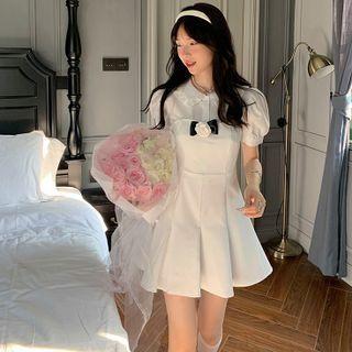 Short-sleeve Plain Shirt + Bow-accent Bandeau Dress