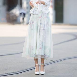 Sheer Panel Midi A-line Skirt White - One Size