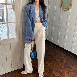 Plain Blazer / Lace Cropped Camisole Top / Wide Leg Dress Pants