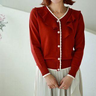Contrast Scallop-edge Ruffled Cardigan