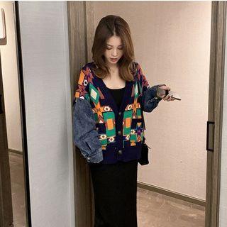 Denim Panel Cardigan Dark Blue - One Size