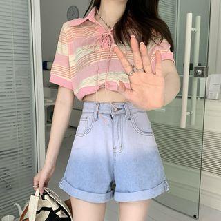 Short-sleeve Striped Polo Top / Denim Shorts