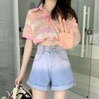 Short-sleeve Striped Polo Top / Denim Shorts