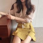 3/4-sleeve Ruffled Striped Blouse / Asymmetric Buttoned A-line Mini Skirt